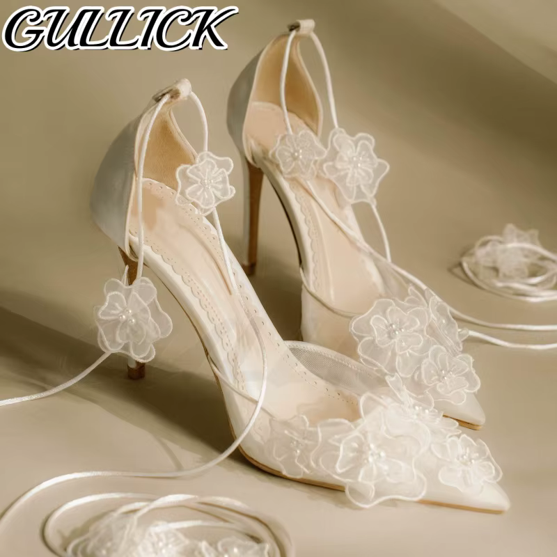 Sandales à talons en maille d'air pour femmes, chaussures de mariage élégantes à lacets peu profonds