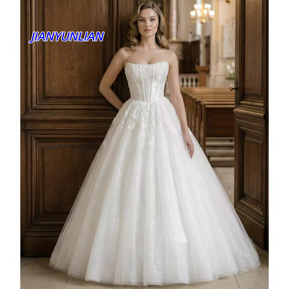 Robe de mariée personnalisée style château, avec appliques en dentelle, en tulle à sequins, coupe pr