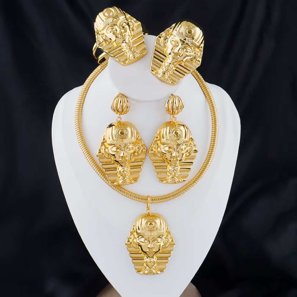 Parure de bijoux grande taille couleur or pour femme, design ethnique, comprenant boucles d'oreilles