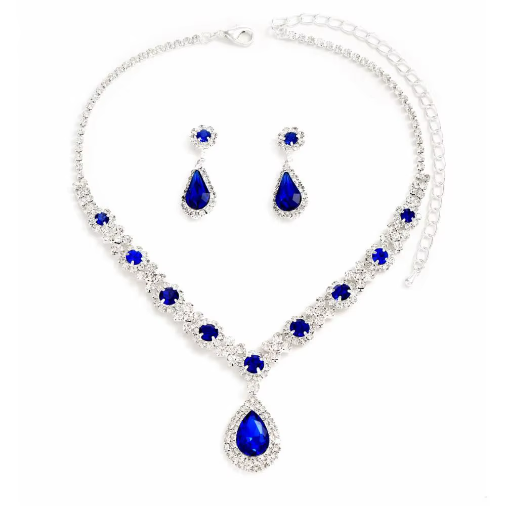 Parure de bijoux fantaisie en cristal : collier et boucles d'oreilles pendantes de luxe en forme de 