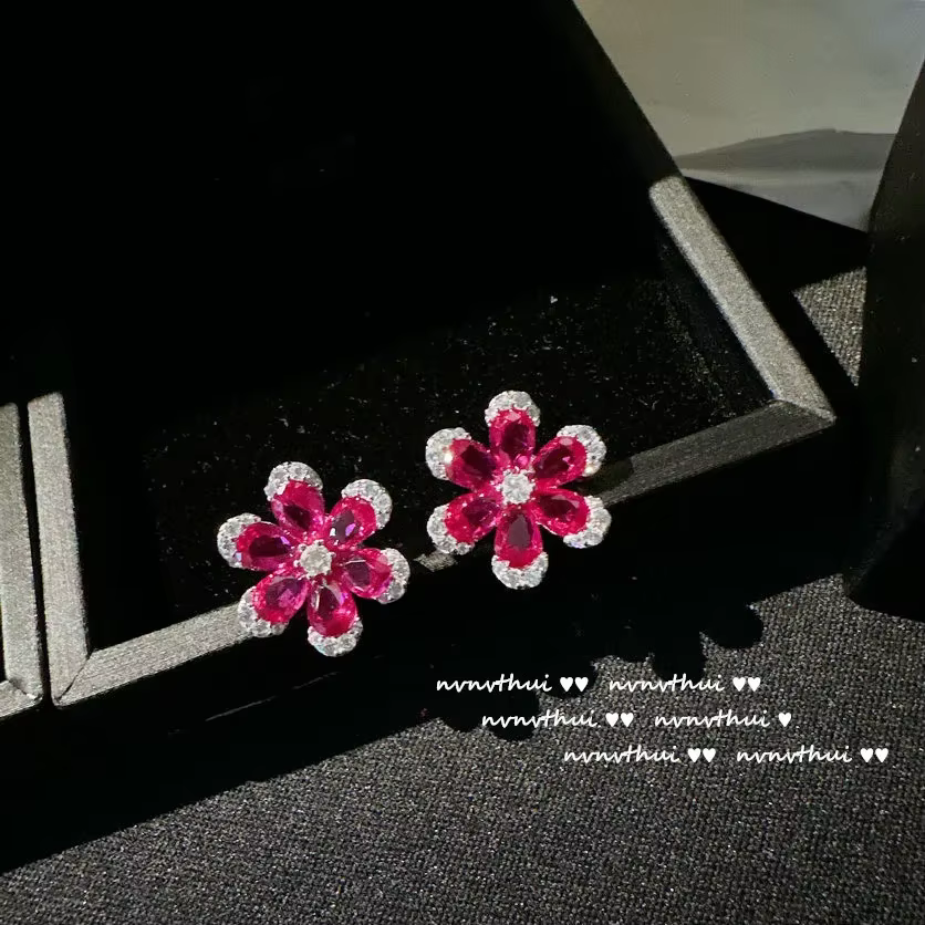 Ensemble de bijoux délicats en argent regardé 925 pour femme, pendentif fleur rouge, collier, boucle