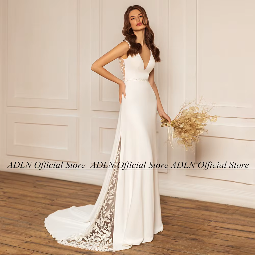 Robe De mariée sirène sans manches, col en V, avec ceinture perlée, dos ouvert, traîne De balayage, 