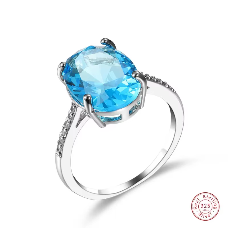 Bague Solitaire en cristal de luxe pour femmes, en argent Sterling 925, ovale bleu, Zircon, bague de