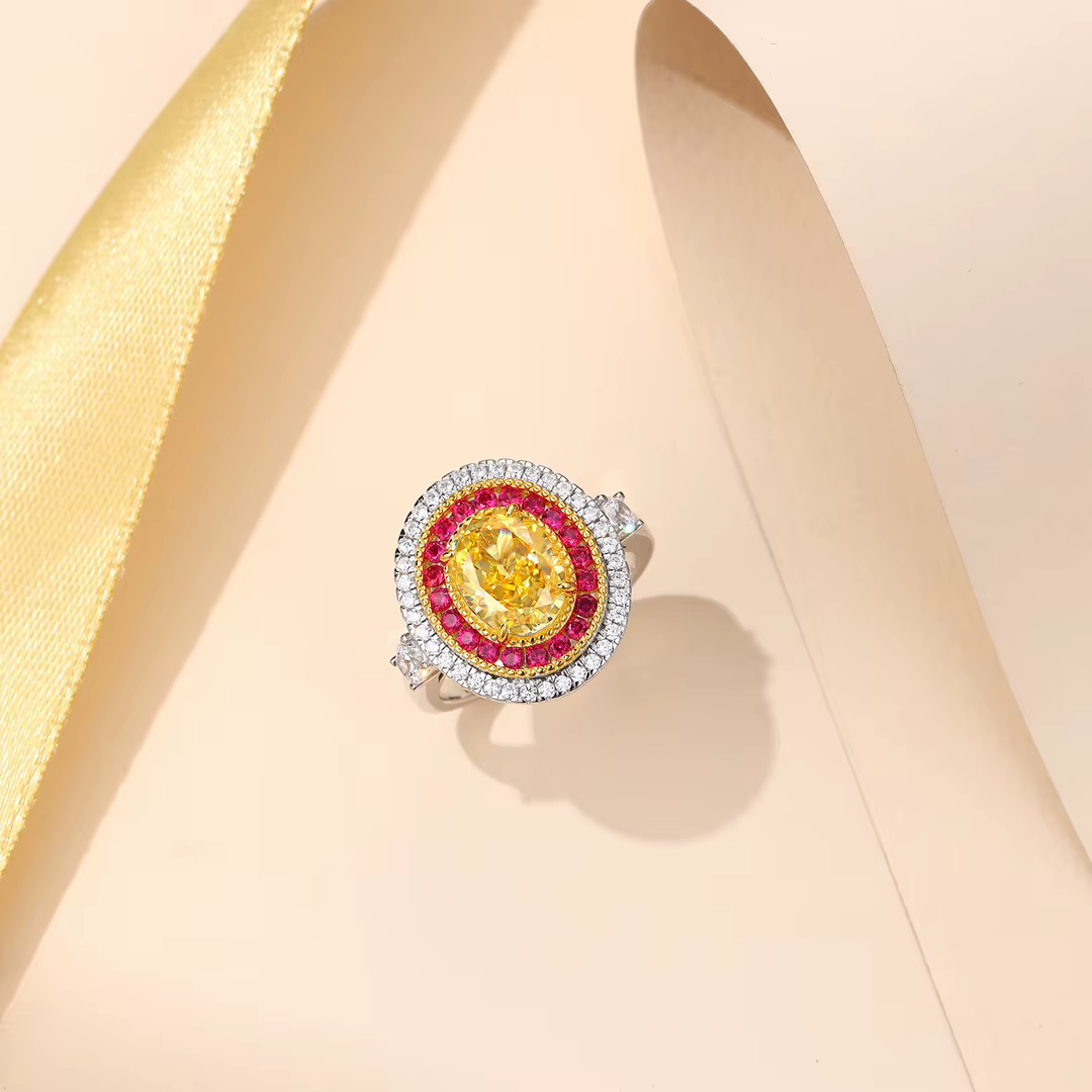 Bague de fiançailles fantaisie avec diamant jaune ovale créé de 3 carats (7*9mm) en argent 925 pour 