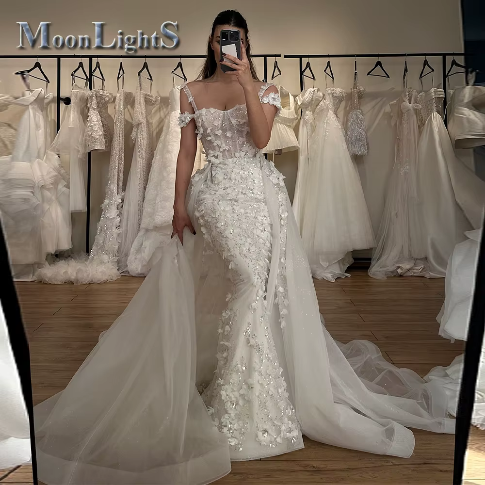 Lune clair robes De mariée scintillantes sirène hors De l'épaule Appliques à lacets paillettes robes