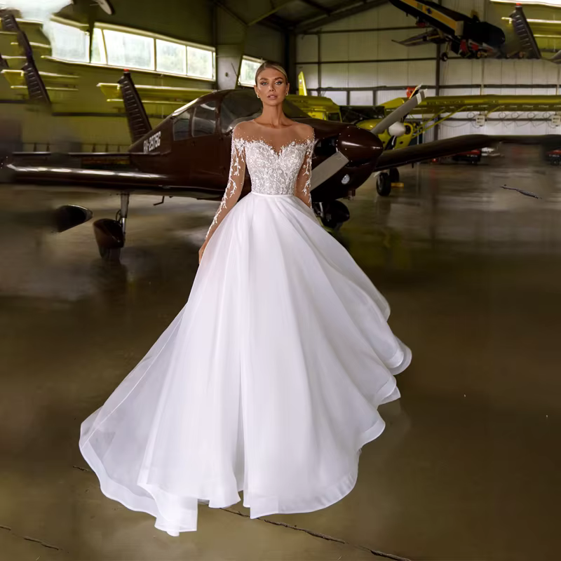 Robe de Mariée Blanche en Organza et Tulle, Col Transparent Personnalisé avec Manches sulf, Ligne A,