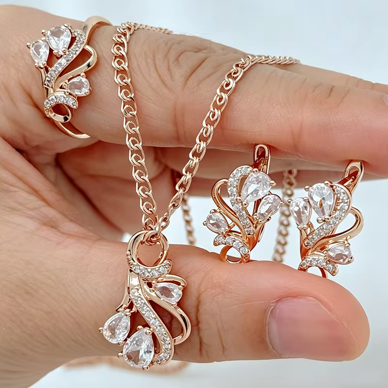 Kinel Hot 585 Ensemble de bijoux fins pour femme, couleur or rose, style ethnique, motif ajouré, zir