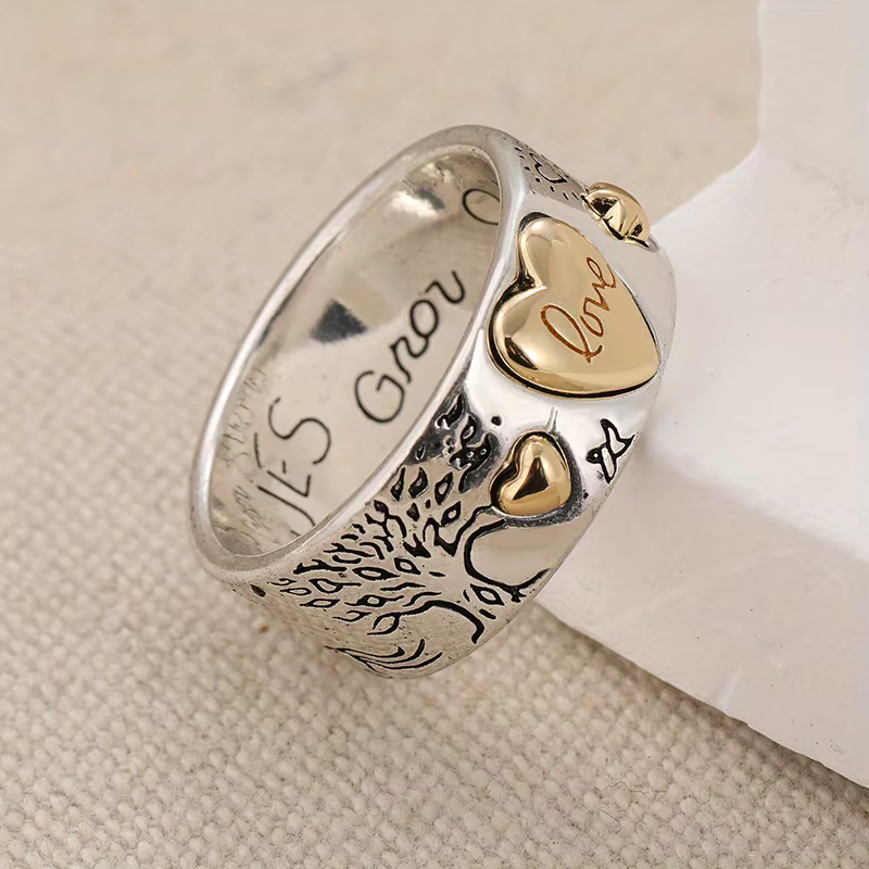 Bague artisanale sculptée motif cœur, style vintage bohème, plaqué argent, bijou romantique et migno