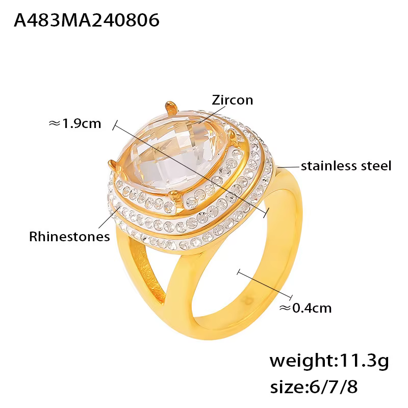 Bague plaquée or 18 carats en acier inoxydable pour femme, grand brillant, étanche, sans tarjuven's,