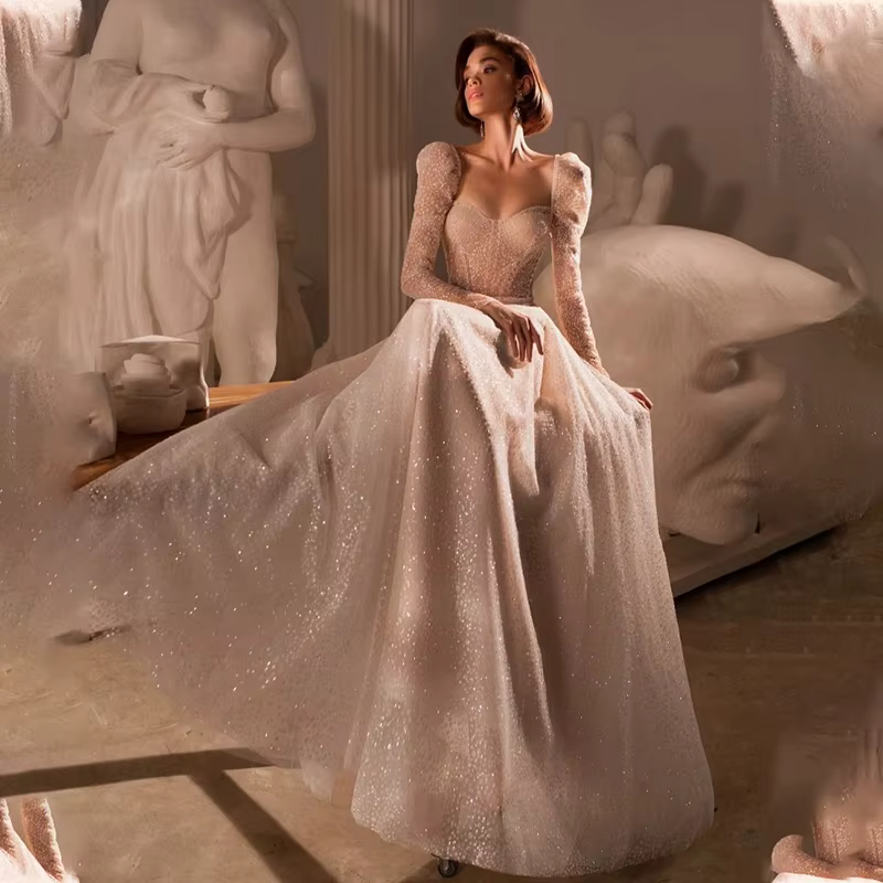 Robe de mariée brillante en Tulle, tenue de princesse, manches longues, paillettes, style Boho, 2022