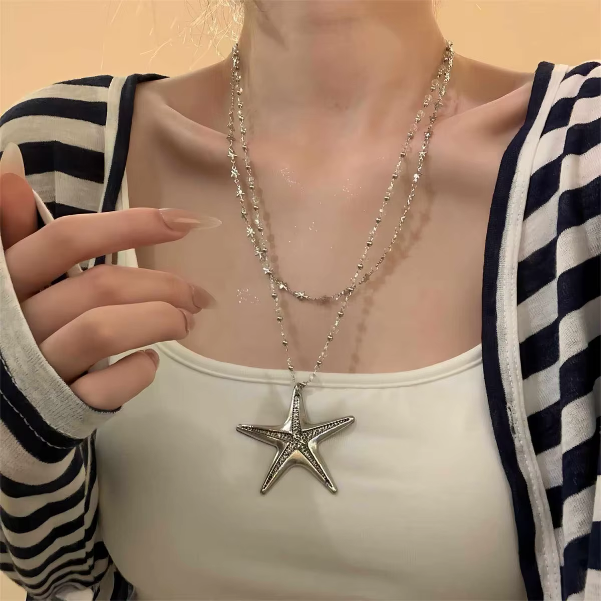 Collier pendentif étoile de mer surdimensionné en perles de cristal, style bohème, pour femmes et ho