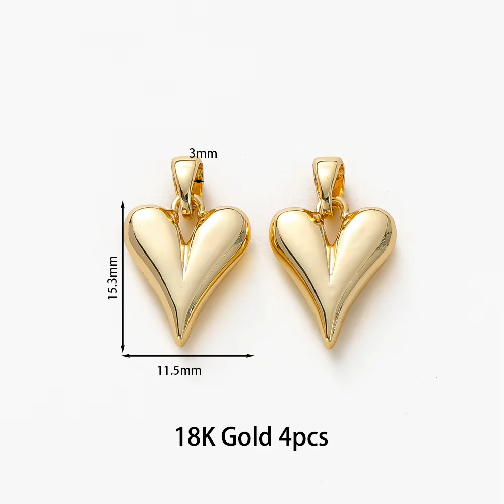 Breloque en forme de cœur plaqué or 14K 18K, 4 pièces/lot, avec anneau de saut, fournitures de fabri