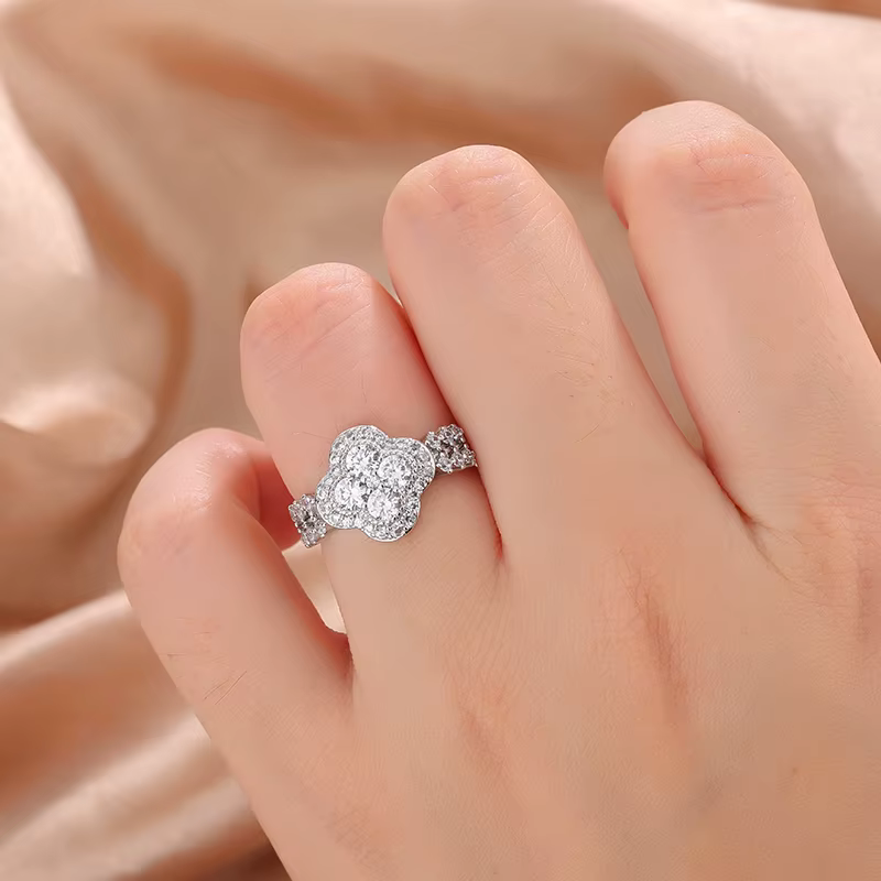 Bague en argent S925 pour femme – Bague de fiançailles en diamant à quatre trèfles, bijoux de promes