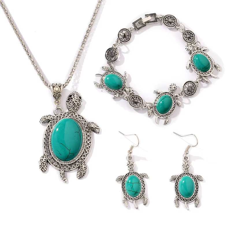Bohême rétro vert pierre naturelle tortue collier Bracelet boucle d'oreille ensemble pour les femmes