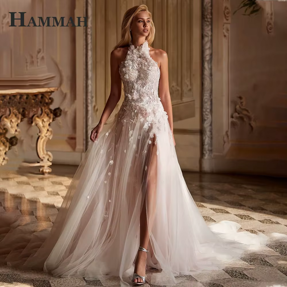 HAMMAH Glamour dos nu Robe De mariée licou dentelle Appliques sans manches trompette fente chapelle 
