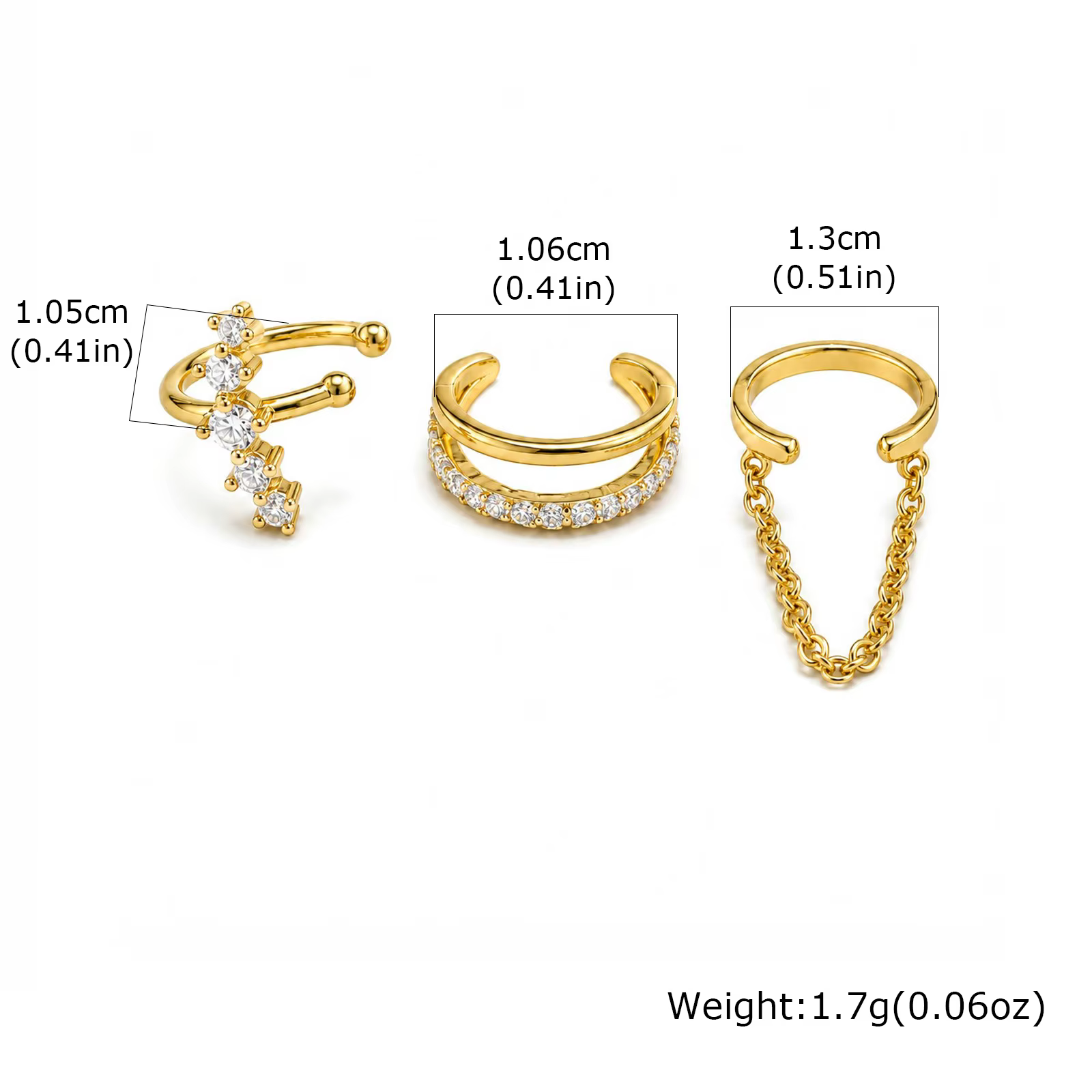 Manchettes d'oreille pour femmes, 3 clips de cartilage ronds en zircon, chaîne à pampilles, bijoux m