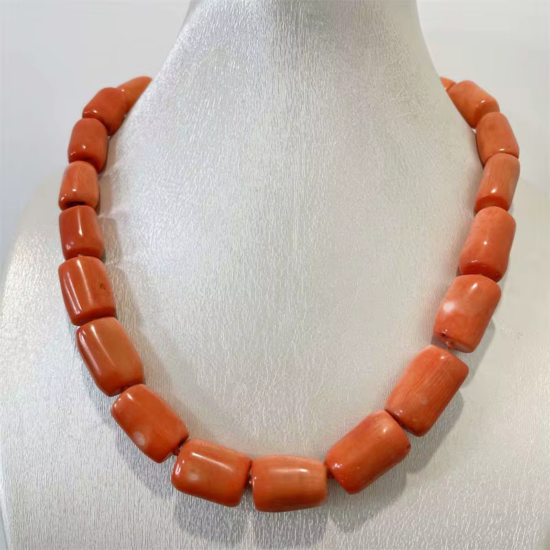 Collier de luxe géométrique en corail orange, pierre précieuse irrégulière, chaîne simple en lasso, 
