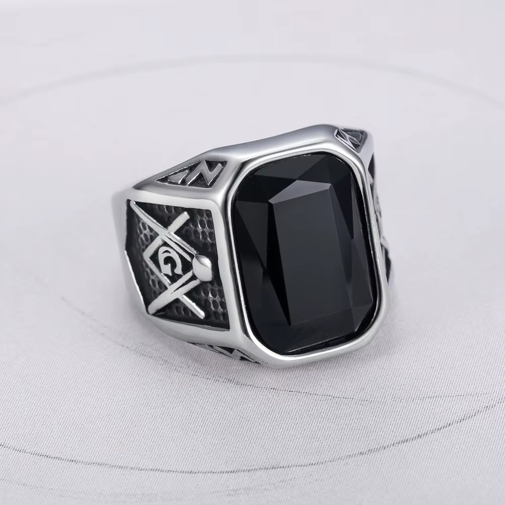 Bagues maçonniques Punk pour hommes, grande pierre, couleur argent, acier inoxydable, Vintage AG fra