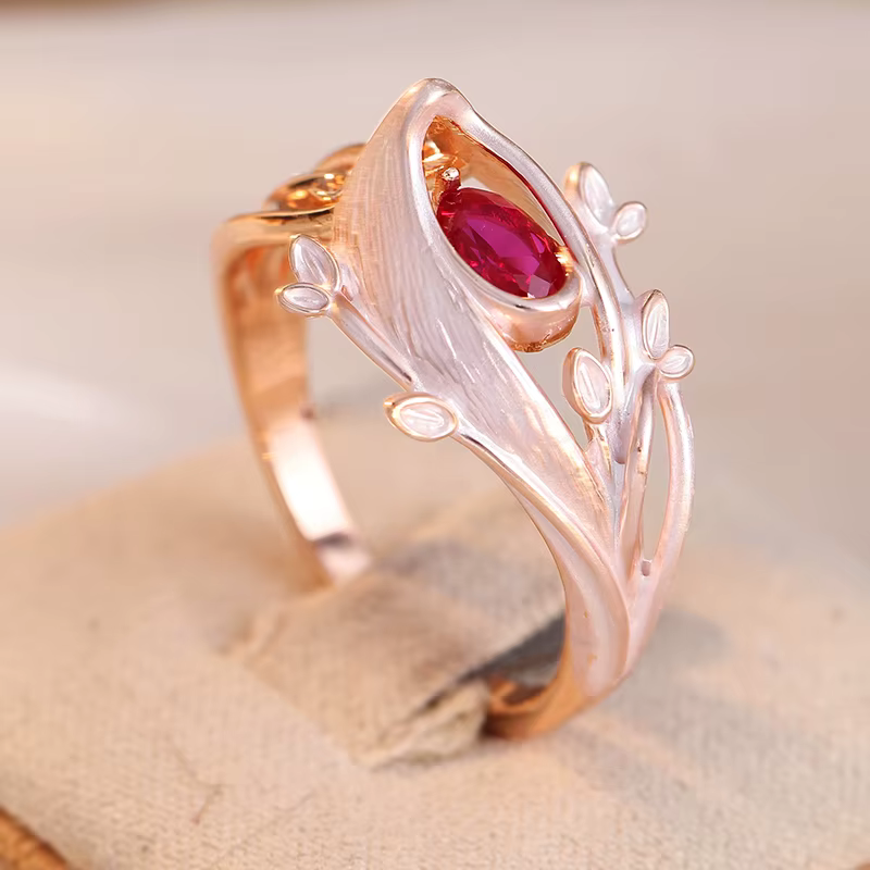 Magnifique bague pour femme incrustée de CZ rouge, couleur or, sculptée à la main, bijoux de tous le