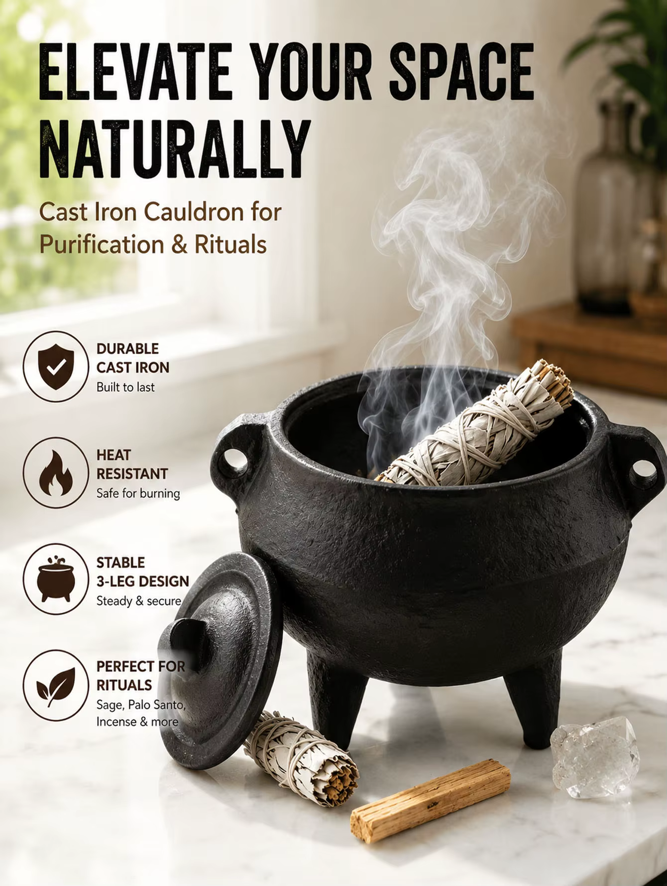 Brûleur d'encens en fonte avec couvercle, brûleur d'encens de purification pour la méditation et le 