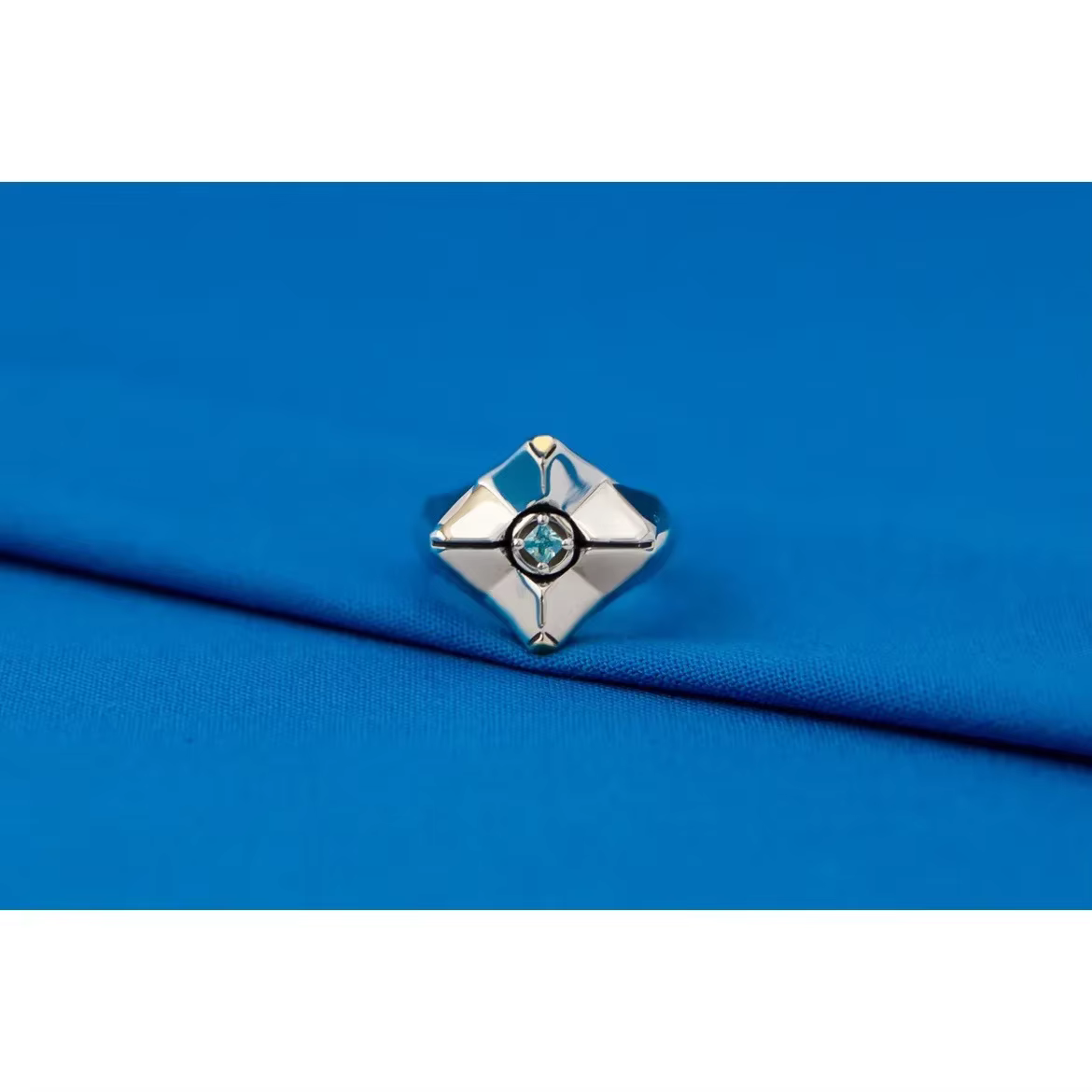 Bague Signet Ghost Originale Destiny 2, Design Cristal Bleu avec Centre Doré, Cadeau Élégant pour Am