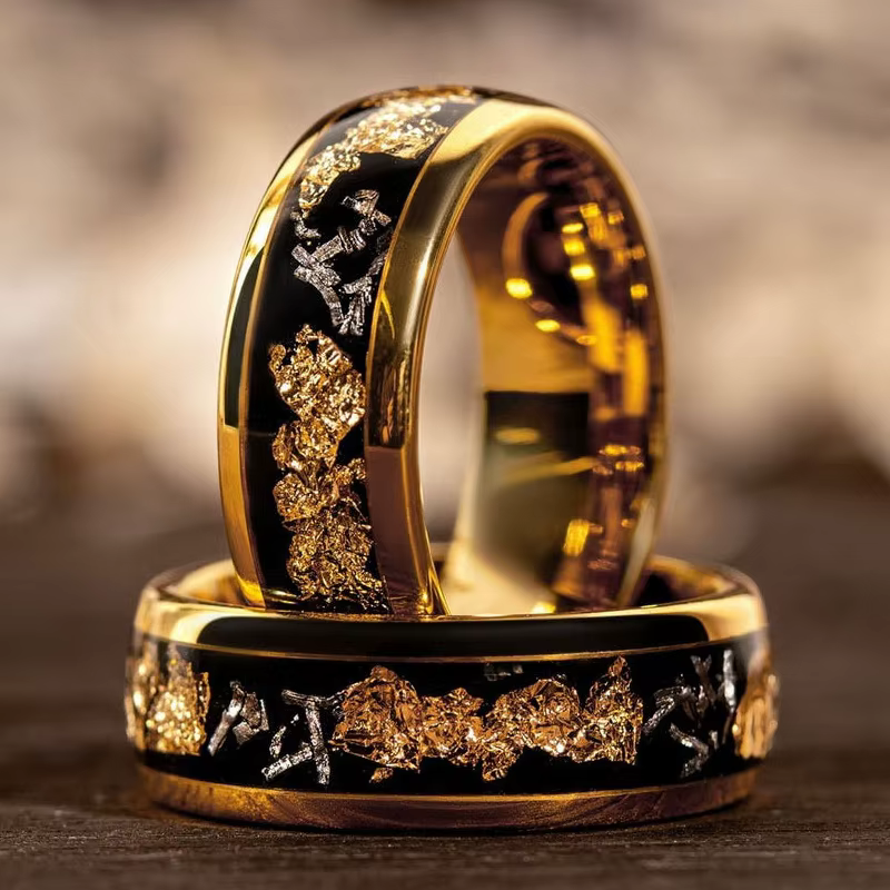 Bagues en acier inoxydable pour hommes, couleur or, incrustation de feuille d'or, bijoux de fiançail