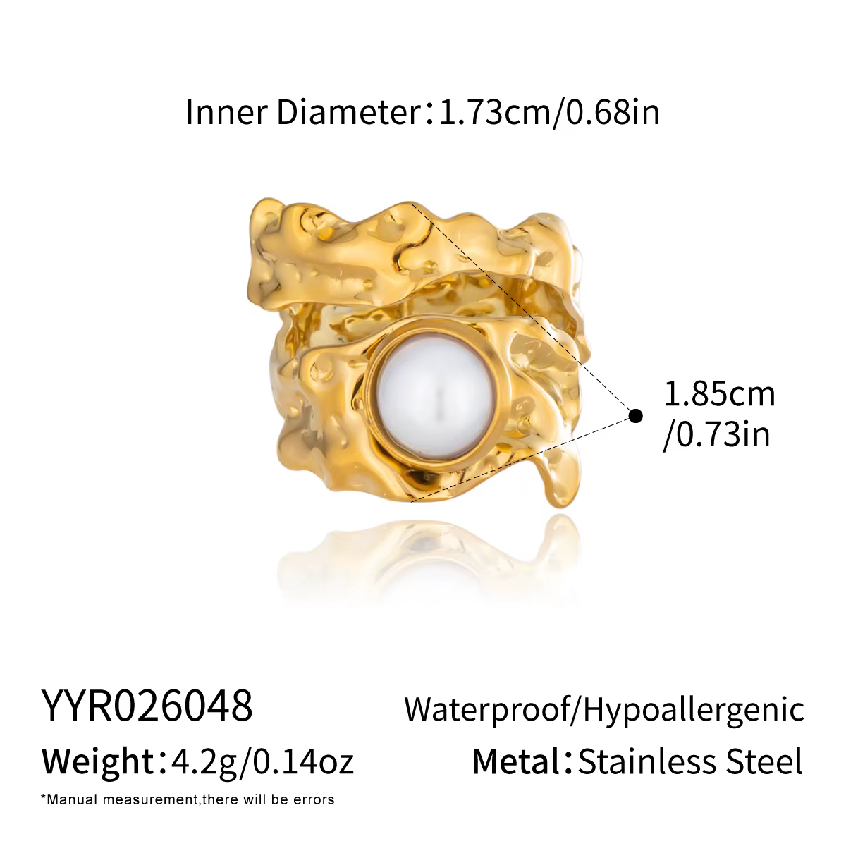 Bague ouverte réglable Miia Jewelry, style minimaliste, imitation perle, en acier inoxydable plaqué