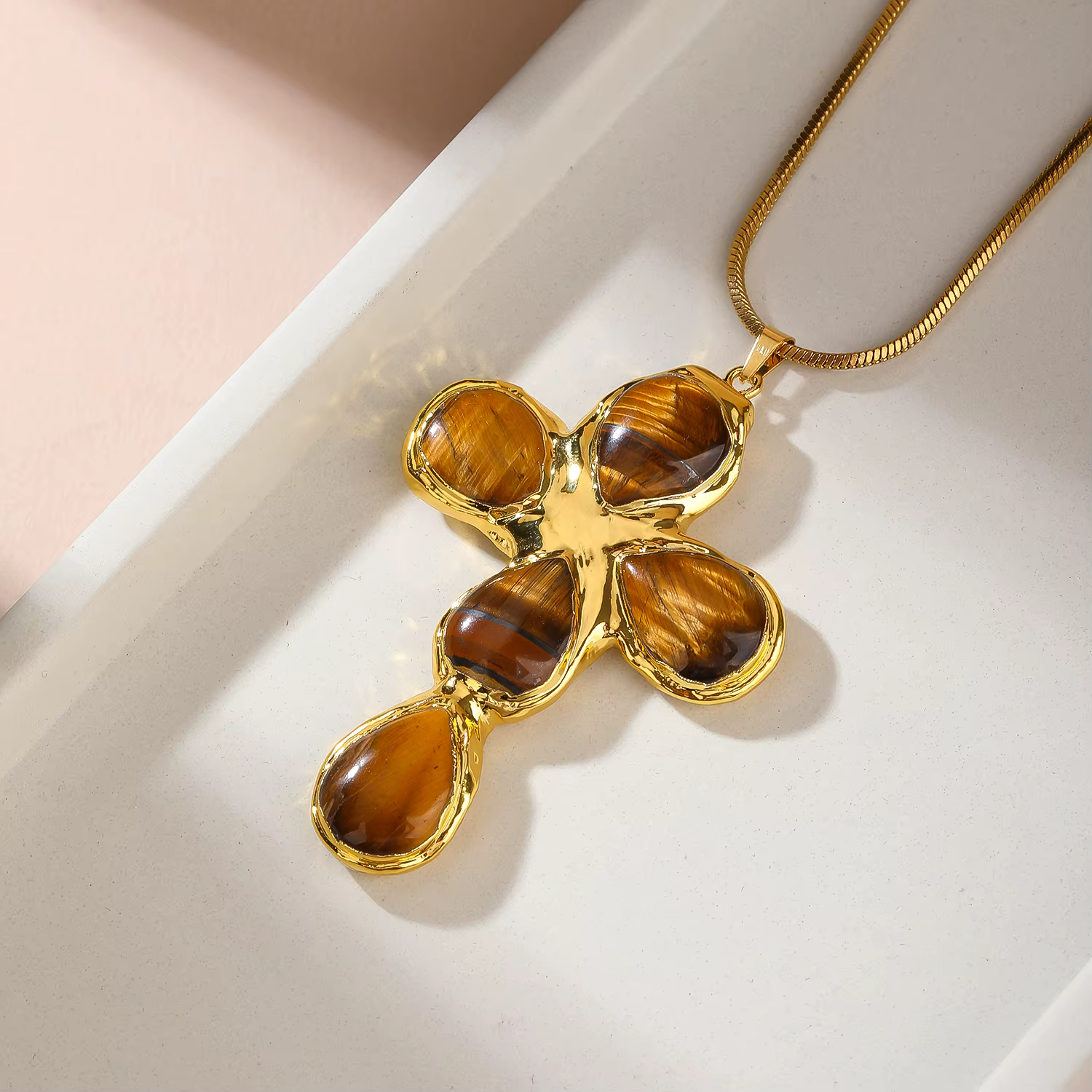 Collier pendentif croix oeil de tigre, bijoux Vintage à la mode, chaîne plaquée or 18 carats, pierre