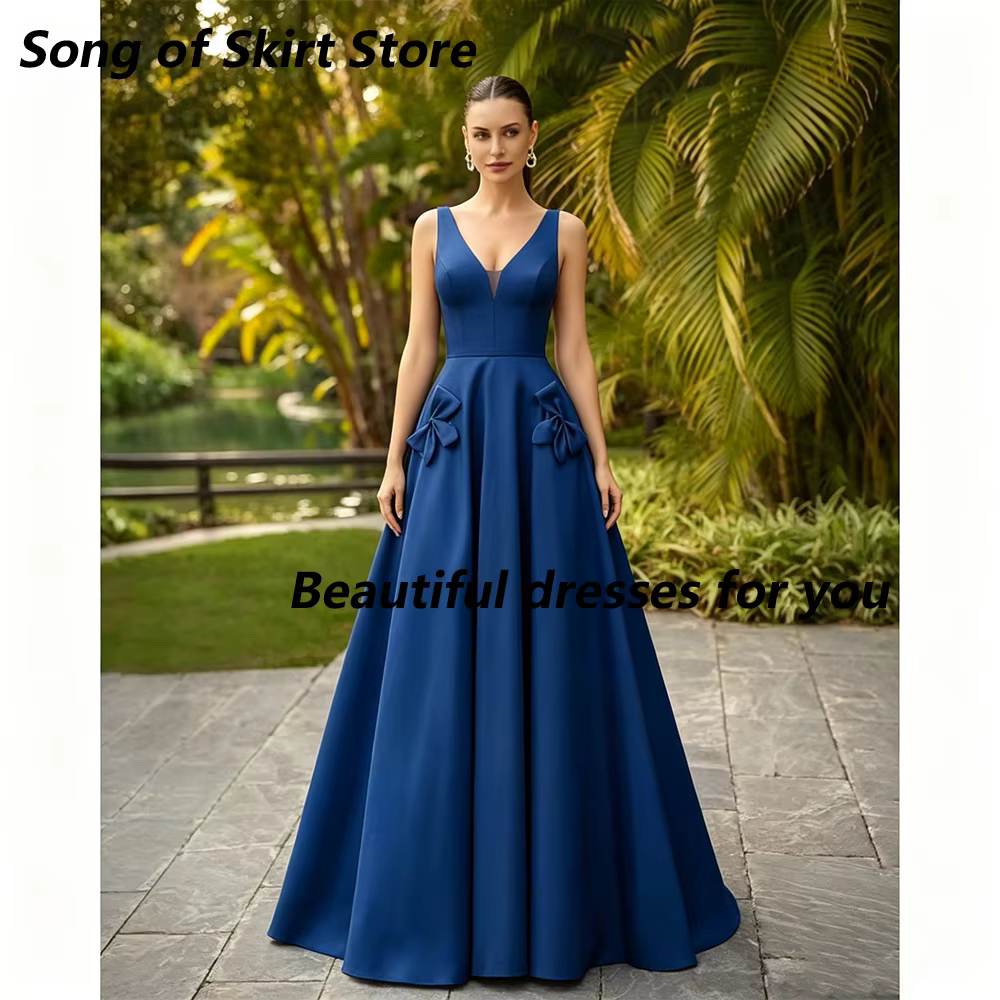 Robes de soirée élégantes bleues pour mère de la mariée, personnalisées, col en V, sans manches, pli