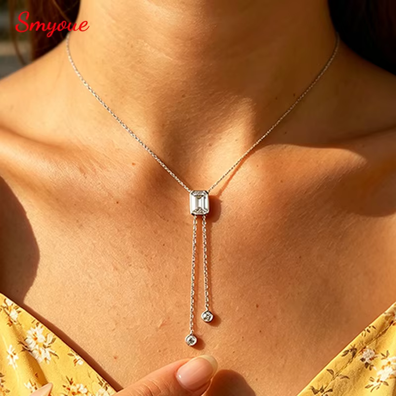 Smyoue Nouveau Collier à Pendentif en Moissanite Taille Émeraude 2CT 6*8mm pour Femme, Bijoux de Mar