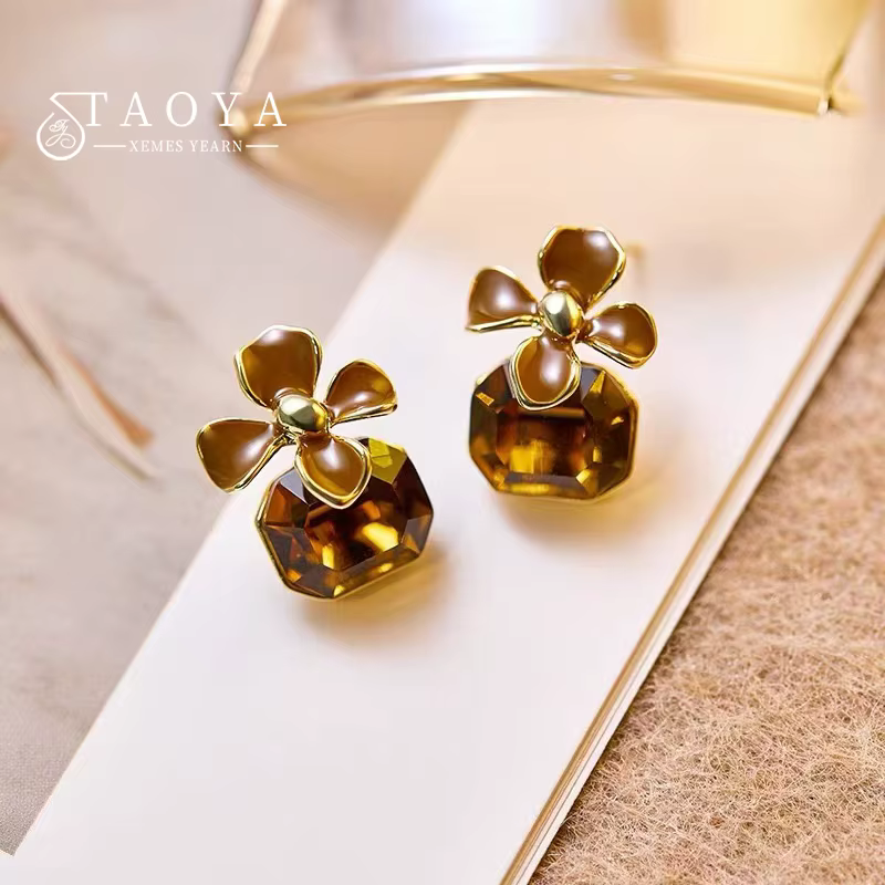Design Sense Maillard – boucles d'oreilles carrées avec pendentif en cristal, fleur marron Champagne
