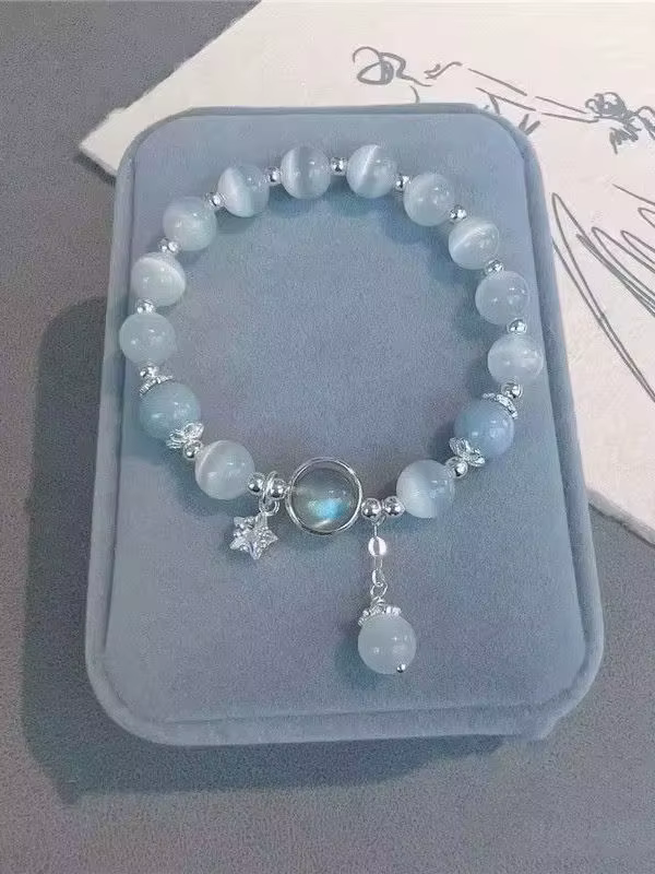 Bracelet Pendentif Pierre de Lune Bleue Rêveuse et Œil de Chat, Bijoux Perlés en Cristal, Ornement d
