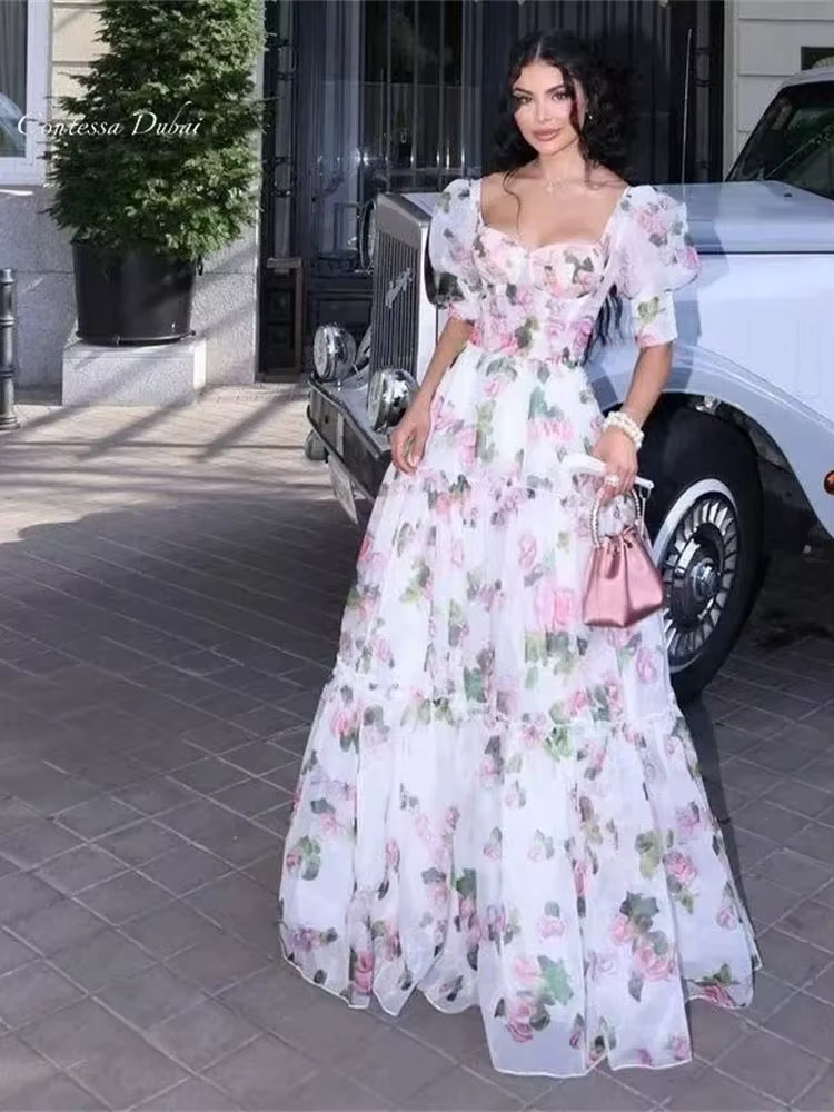 Contessa – robe d'invité de mariage personnalisée, motif Floral romantique, en Organza, ligne A, col