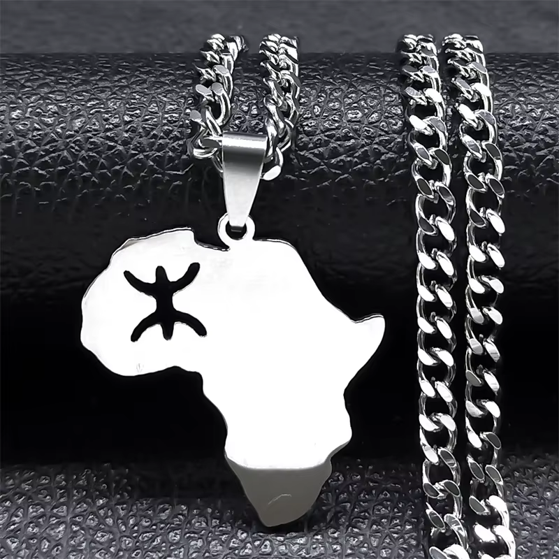 Collier de carte de l'afrique des berbères en acier inoxydable pour femmes et hommes, couleur argent