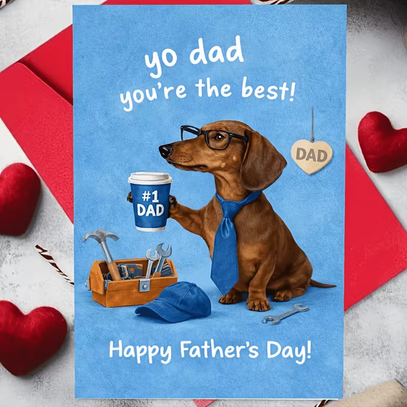 1 Carte de vœux amusante pour la fête des pères avec une enveloppe rouge, représentant un chien long