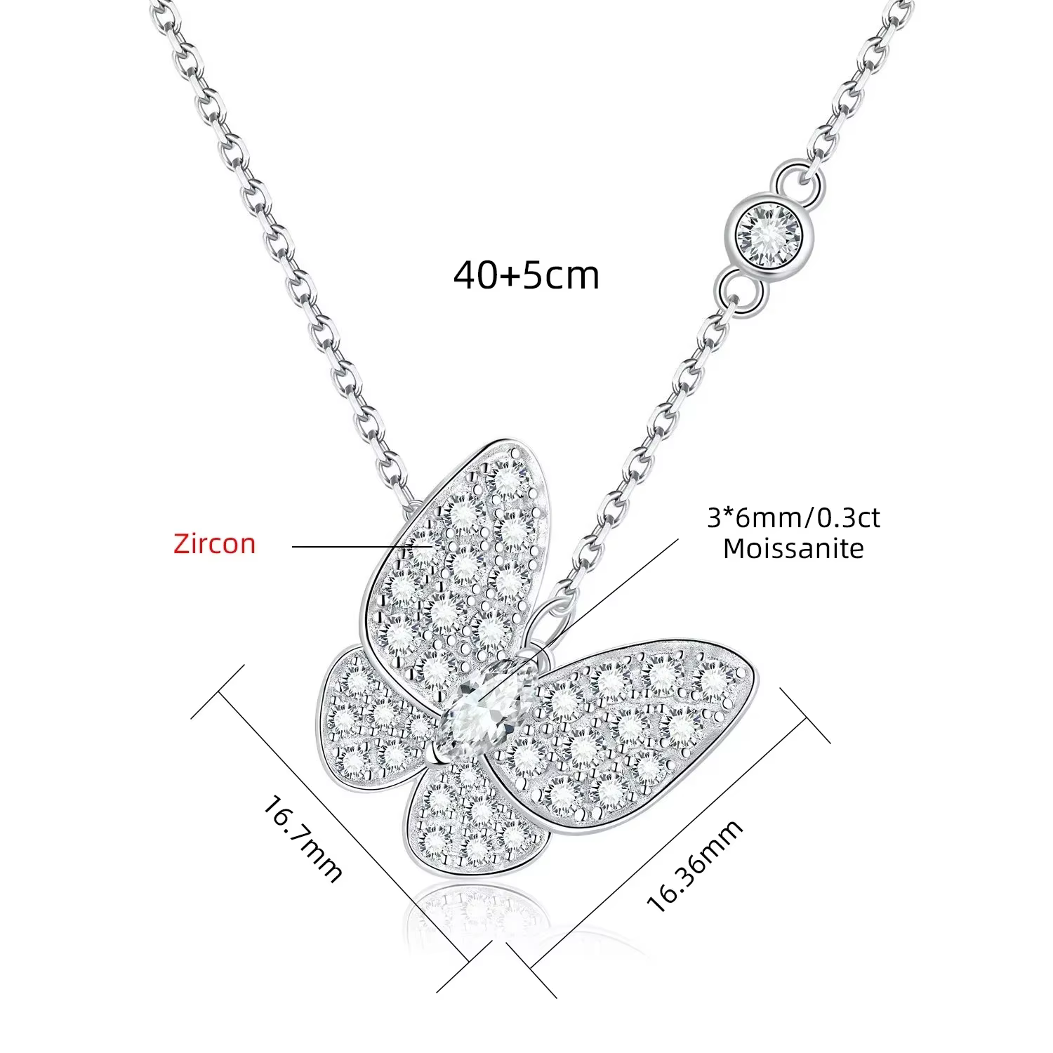 Collier Moissanite en Argent Sterling 925, Pendentif Papillon Coupe Marquise, Plaqué Or Blanc 18K, R