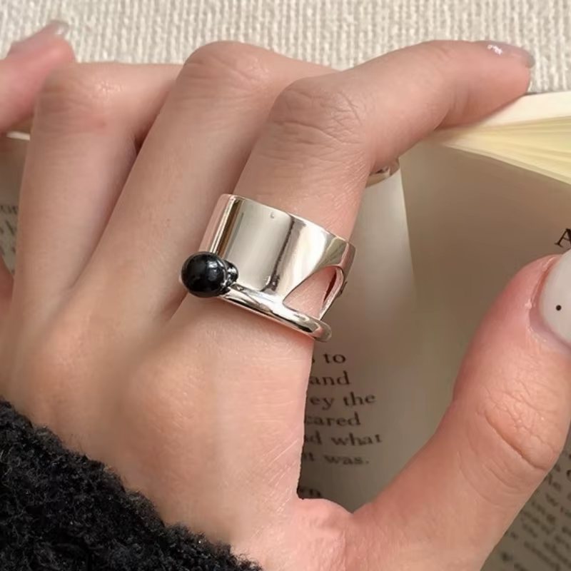 ANENJERY-Bague large avec perle ronde noire pour femme, bijoux doux et cool, bague ouverte réglable