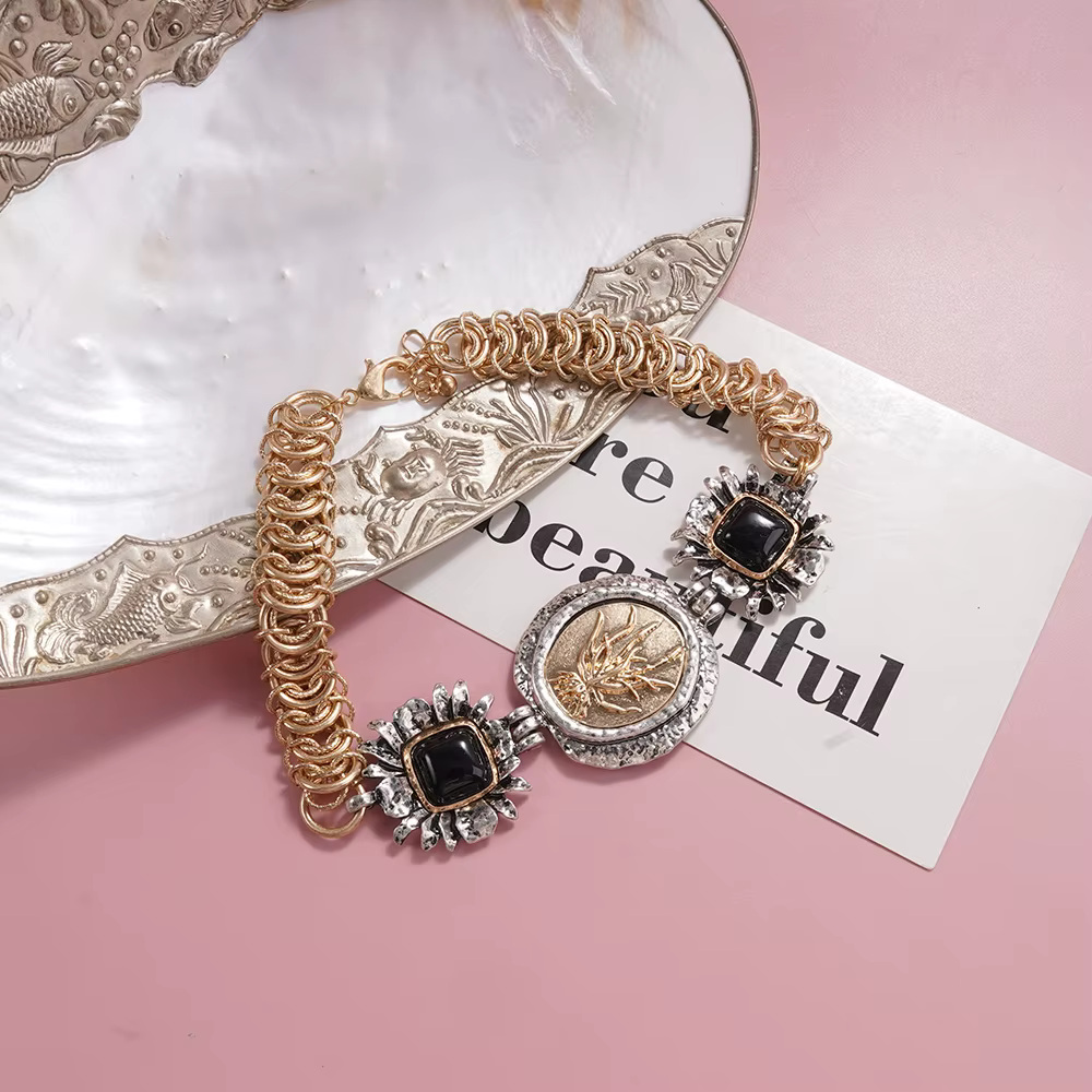 Collier ras du cou (or/argent + pierre noire) Bijoux rétro luxueux Parfait pour les tenues de soirée