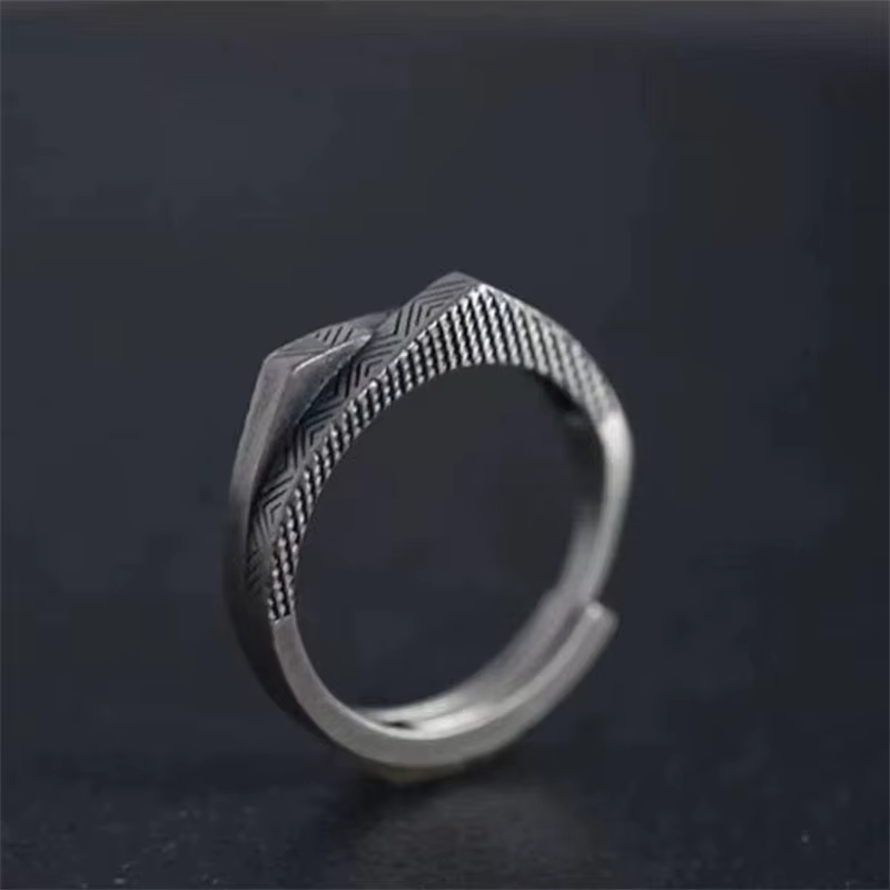 Bague ouverte géométrique de montagne sculptée à double couche pour hommes, bague vintage, style eth