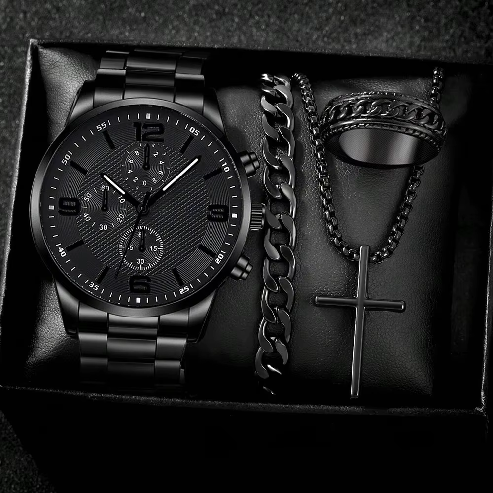 4 pièces coffret cadeau pour hommes d'affaires ensemble de montre tendance de la mode montre à quart