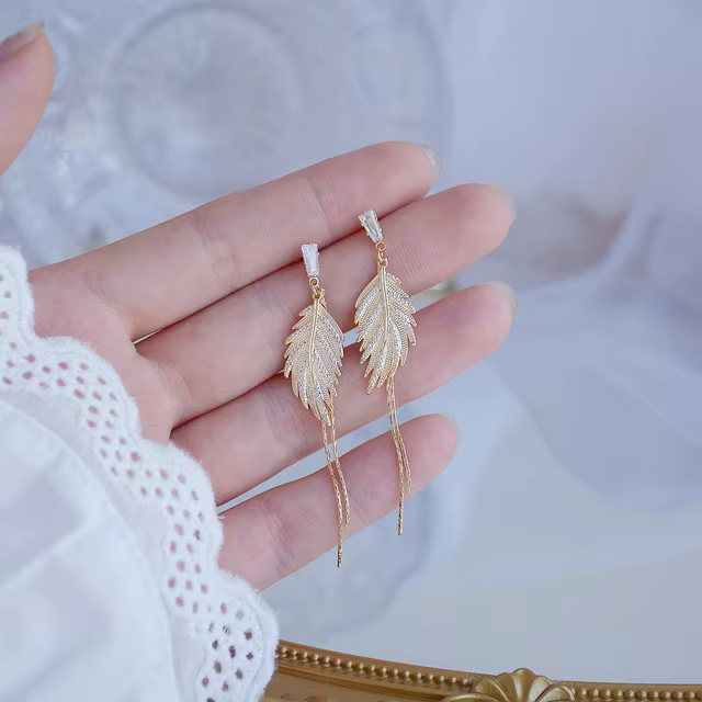 Boucles d'oreilles de luxe plaquées or véritable 14K, feuilles délicates, Micro incrustées de Zircon