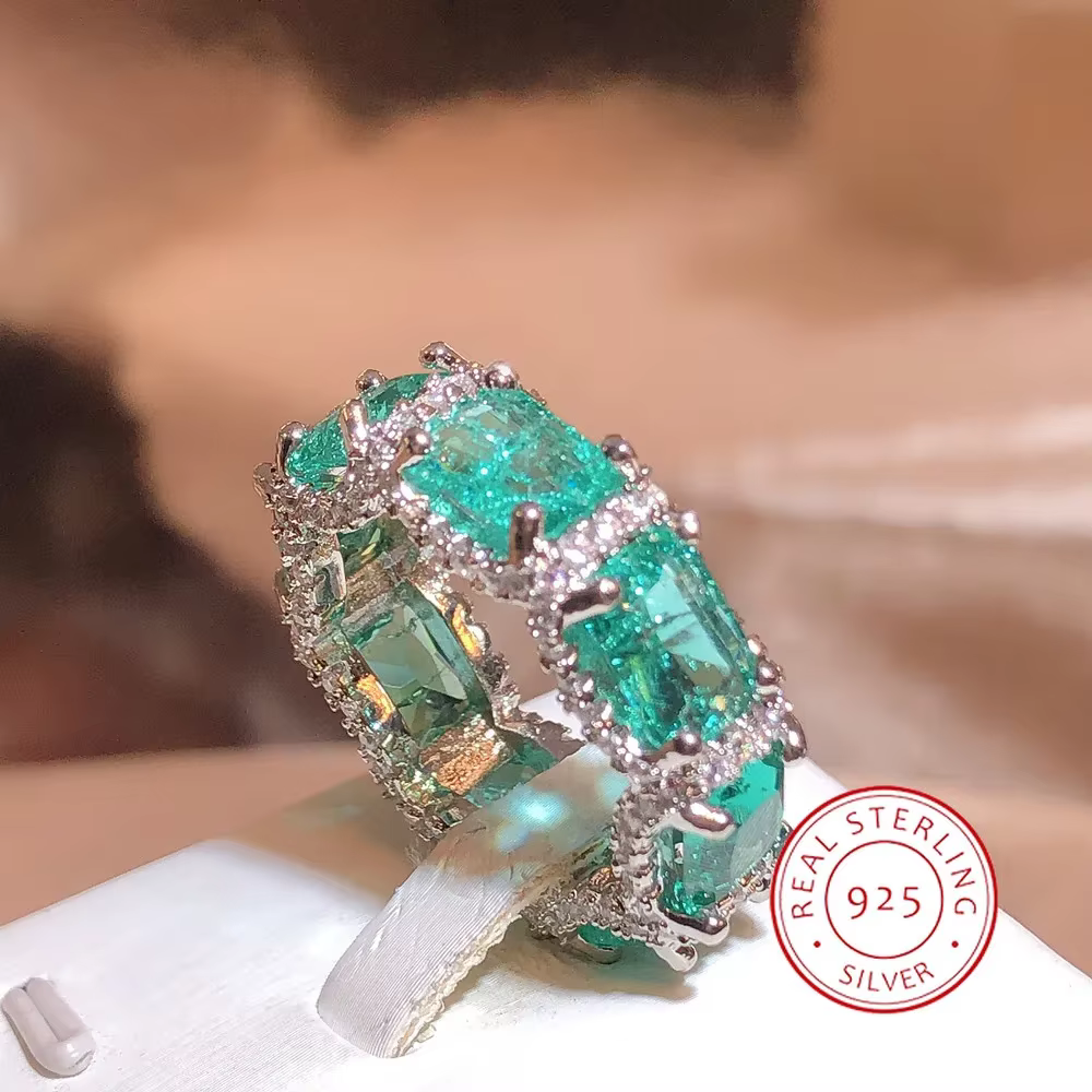 Bague Paraiba en Zircon plaqué argent 925, bijoux de l'industrie lourde incrustée de topaze aigue-ma