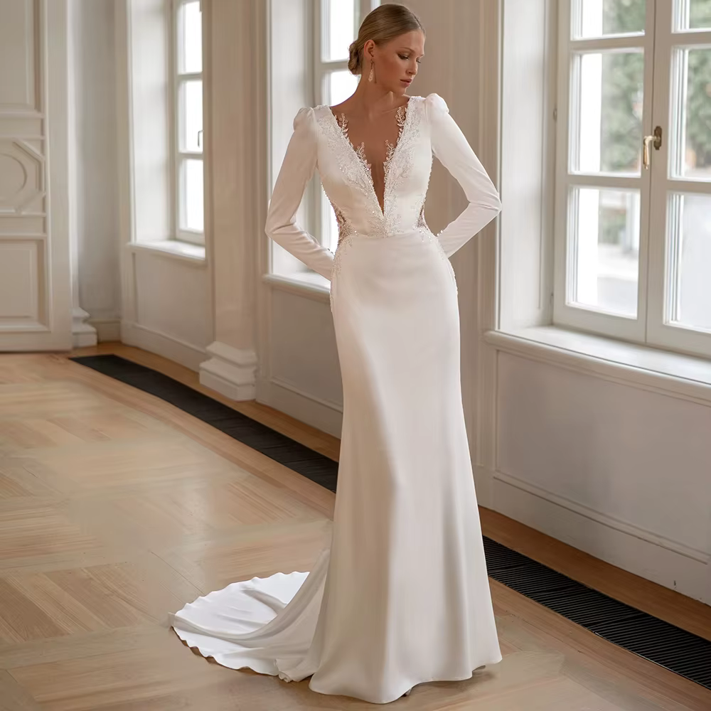 Robe de mariée en Jersey Simple, manches longues, personnalisée, gaine élégante, décolleté en v prof