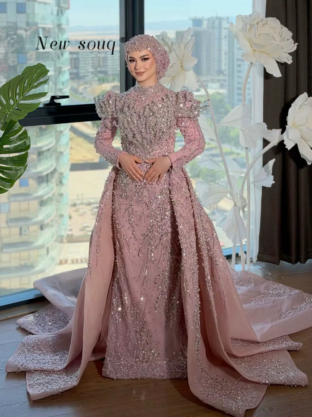 Robes de soirée de luxe roses du Moyen-Orient à manches longues pour mariages et bals de promo, robe