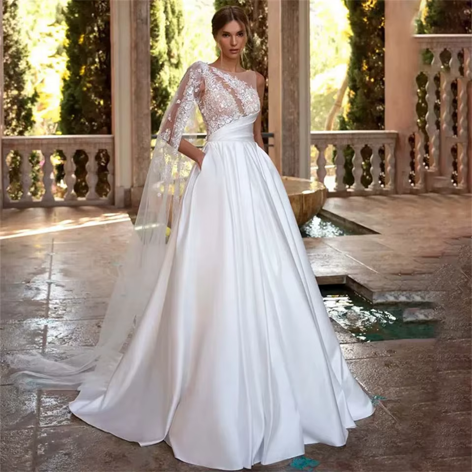 Robes de mariée personnalisées 2026 avec poches charmantes, appliques en satin, manches longues, dos