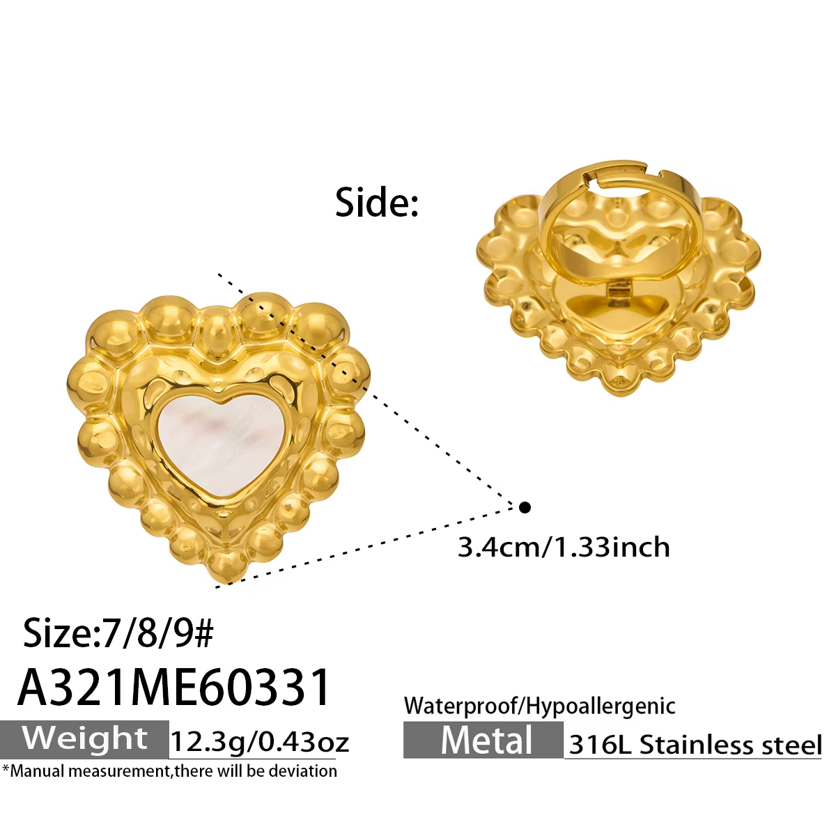 Bague pour femme en acier inoxydable 316L plaqué or 18 carats, motif cœur en nacre et émail coloré, 