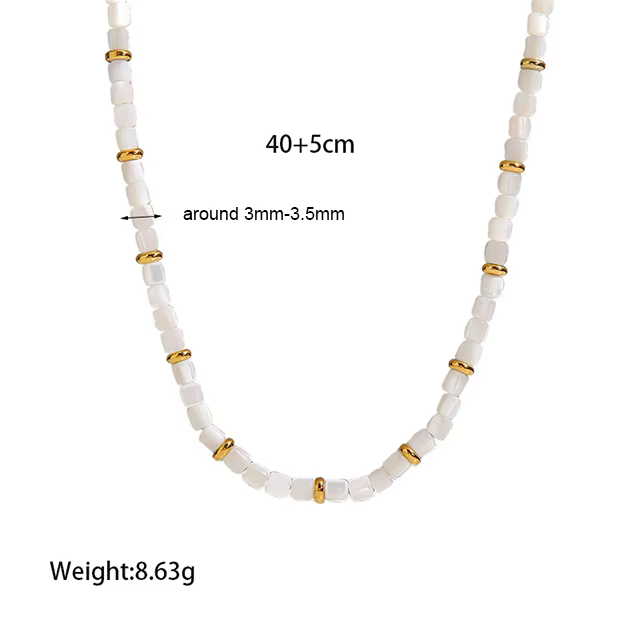 Collier Ras du Cou en Acier Inoxydable Plaqué Or 18K pour Femme, Perles de Coquillage Blanc Carillon