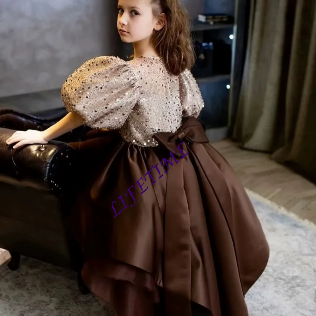 Robes de demoiselle d'honneur avec nœud marron, pour mariage, col rond, paillettes, robe de fille ha