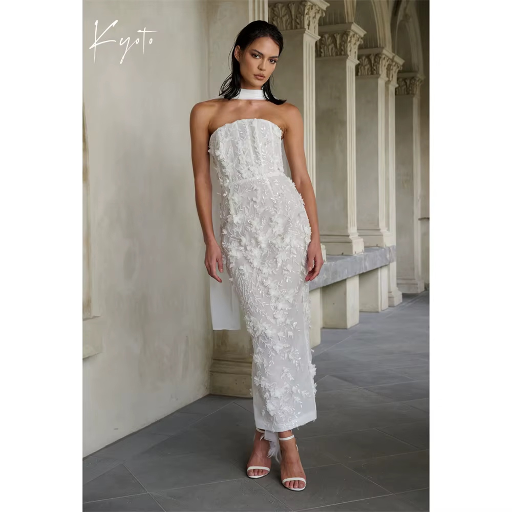Kyoto personnalisé fleurs brillantes licou robe de mariée ivoire bretelles vestidos de novia longueu
