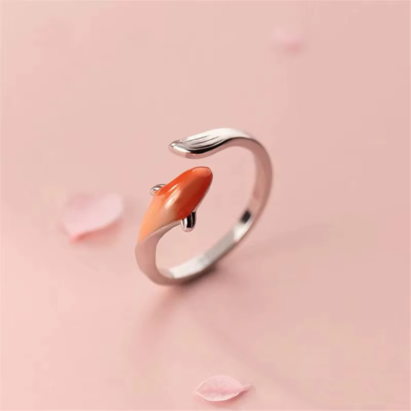 Lucky Koi Fish Annie Flower Ring for Women and Men, Silver Document, Animal Finger Rings, Party Good
